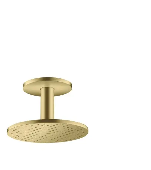 Deckenmontierte Kopfbrause in Mattgold mit runder Oberfläche und gleichmäßig verteilten Düsen. Produkt von AXOR.